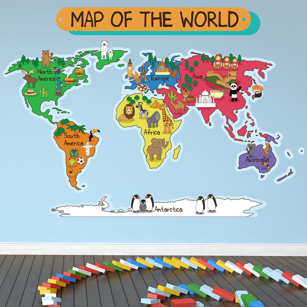 Animal World Map Wall Sticker World Map Wall Decal Kids ...