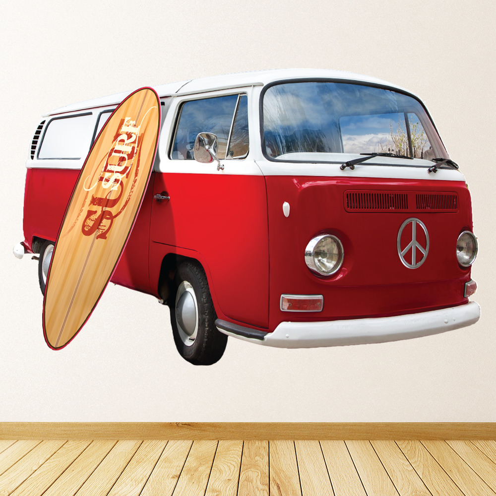 Red VW Camper Van Wall Sticker Transport Wall Decal Sports Surf Home Decor