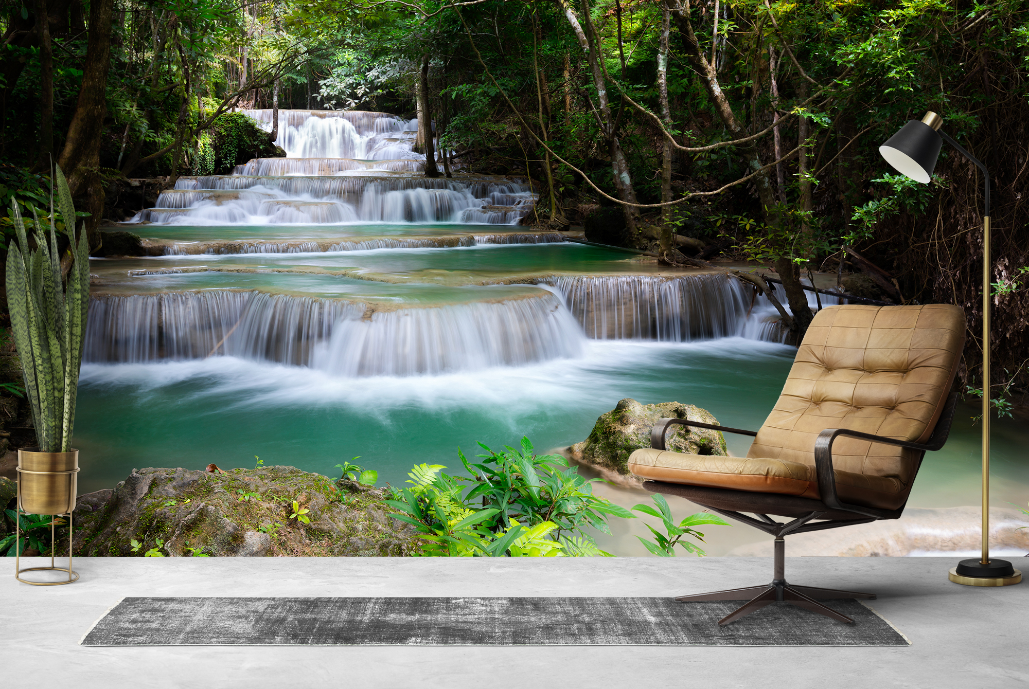 Forest Waterfall  Wall Mural Green Trees Photo Wallpaper 