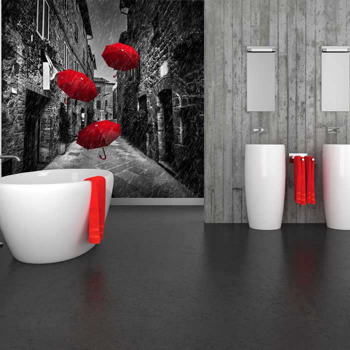 Red Umbrellas Black White Wall Mural Wallpaper WS-42189