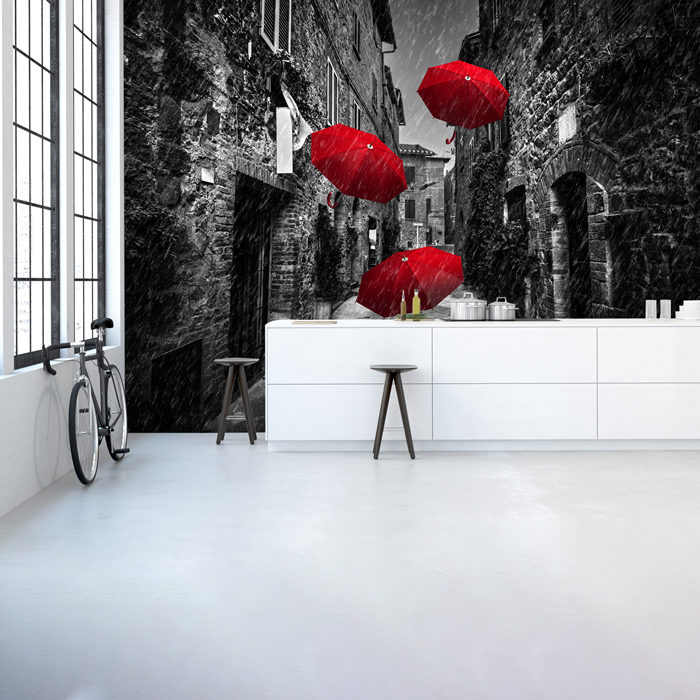 Red Umbrellas Black White Wall Mural Wallpaper WS-42189