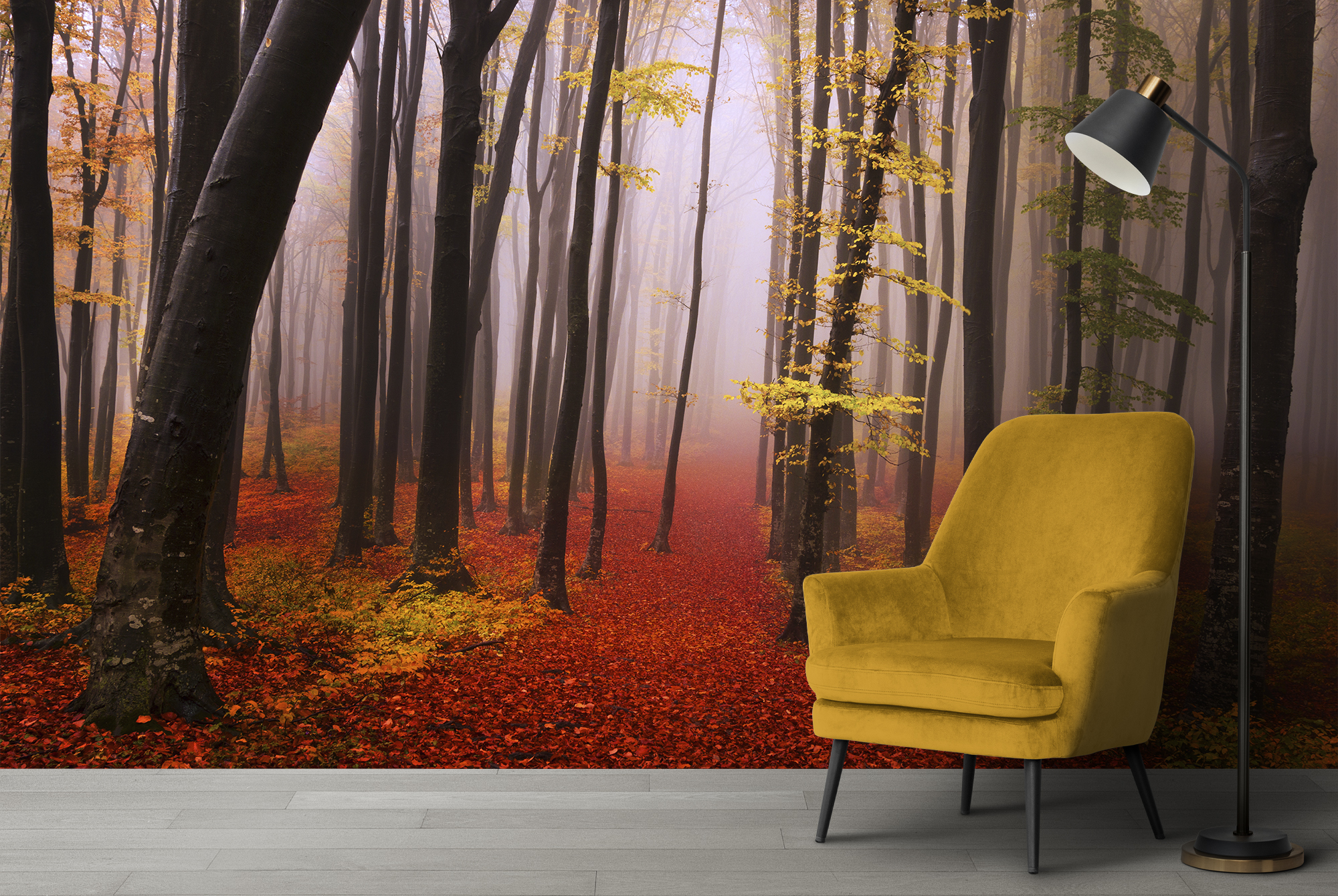 Misty Red Forest Fototapete Bäume Holz Tapete Wohnzimmer ... Misty Red Forest Fototapete Bäume Holz Tapete Wohnzimmer ...